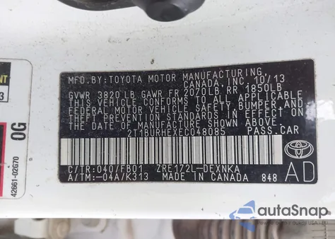 2014 Toyota Corolla Le from USA, damaged, VIN 2T1BURHEXEC048085